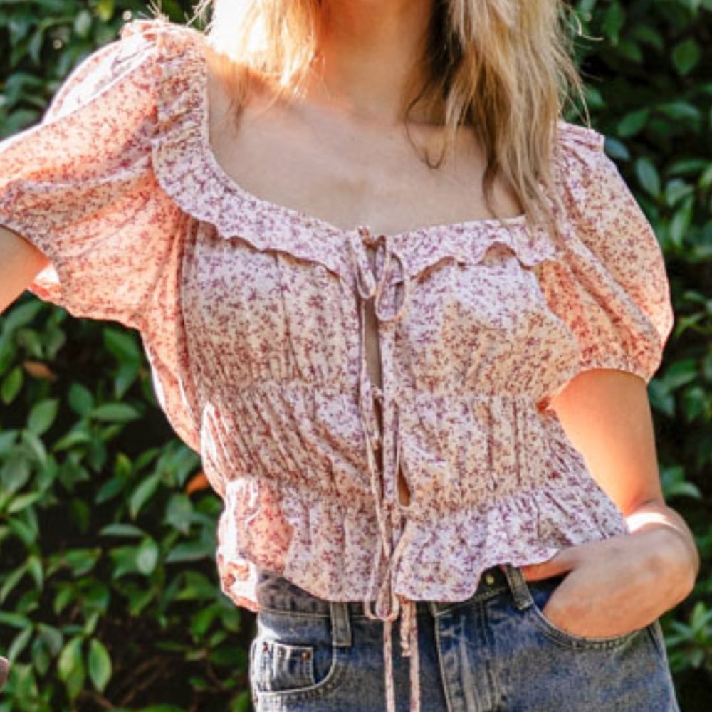 NEW BOHO PINK FLORAL RUFFLE WIDE NECK TOP